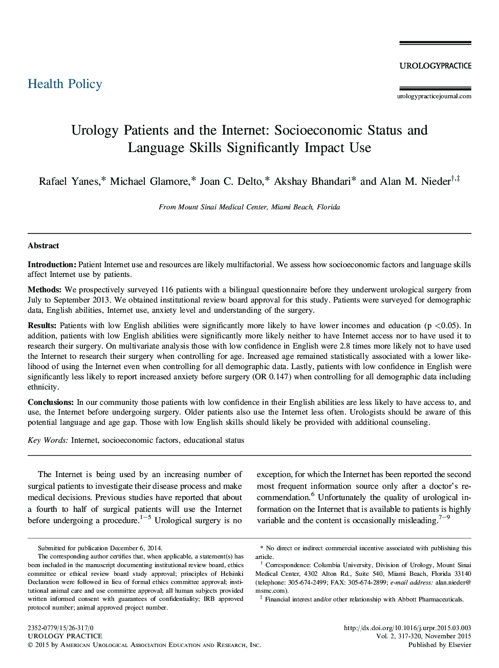 Urology Patients and the Internet: Socioeconomic Status and Language Skills Significantly Impact Use