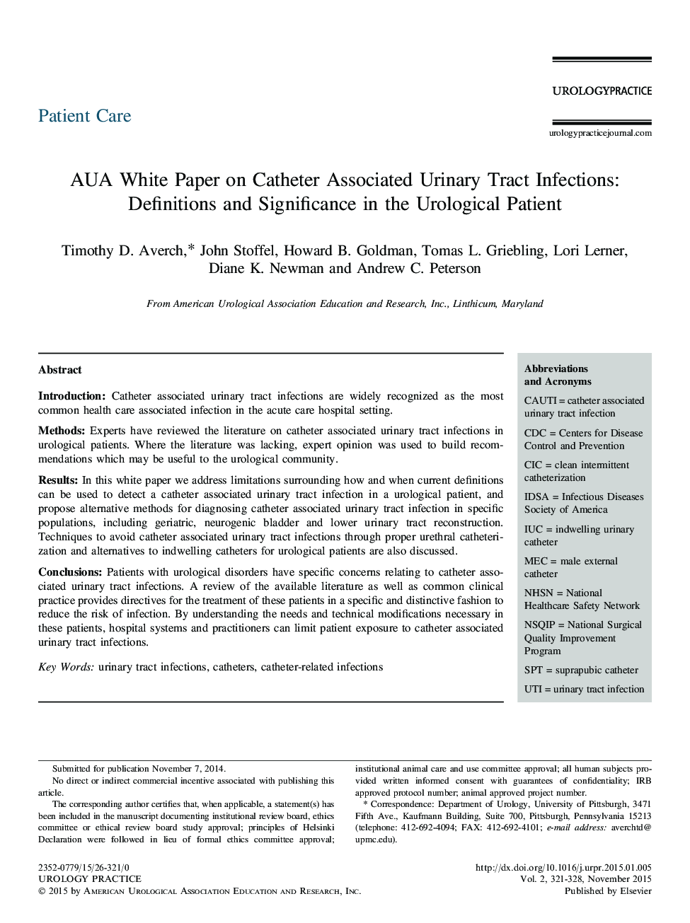 AUA White Paper on Catheter Associated Urinary Tract Infections: Definitions and Significance in the Urological Patient