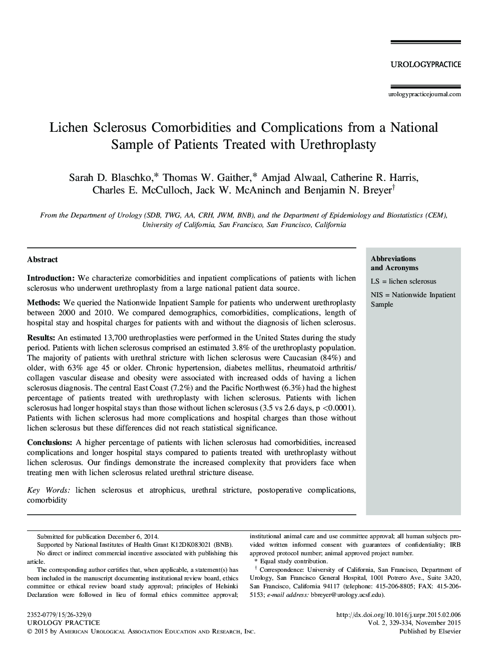 Lichen Sclerosus Comorbidities and Complications from a National Sample of Patients Treated with Urethroplasty