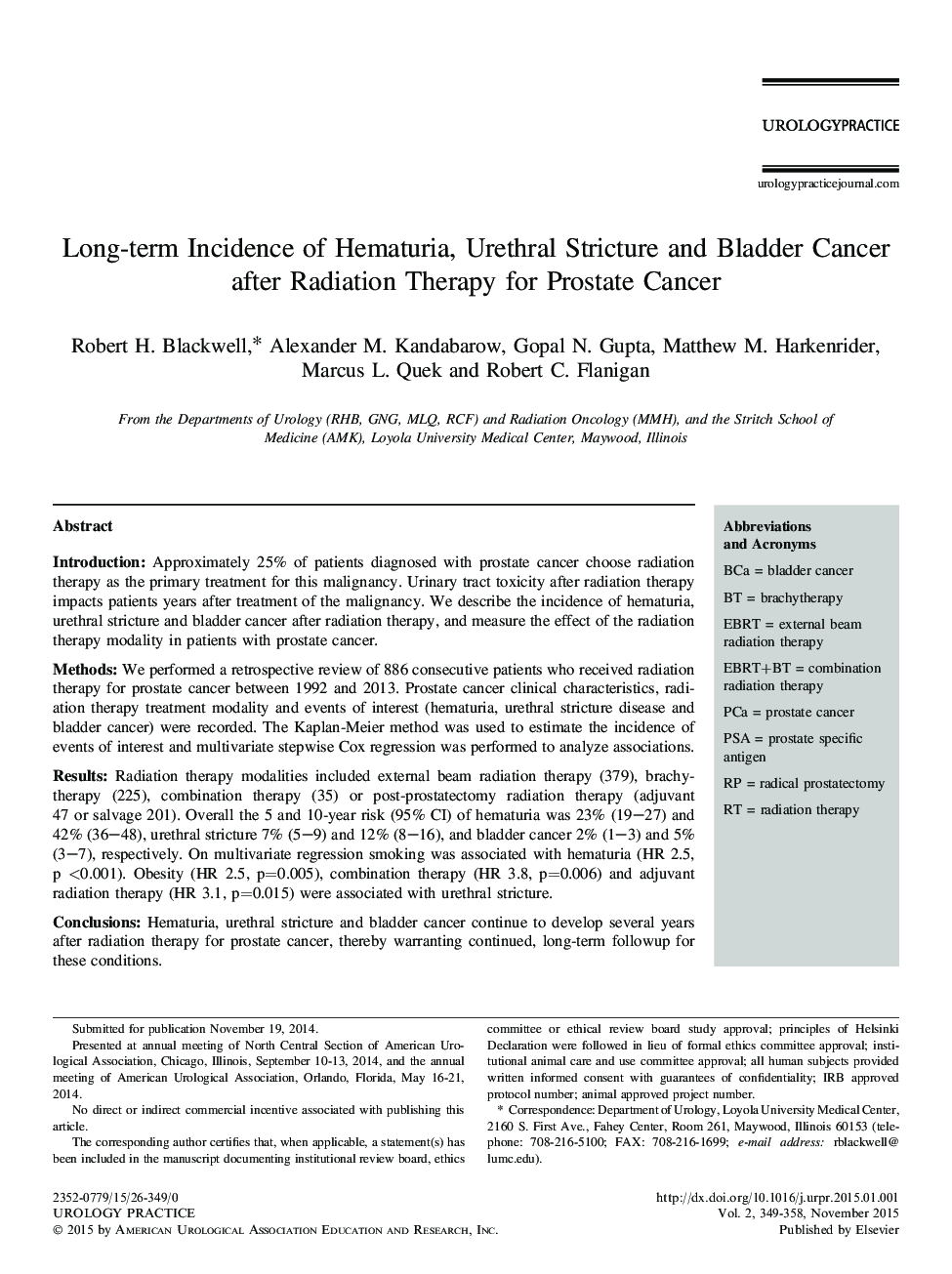 Long-term Incidence of Hematuria, Urethral Stricture and Bladder Cancer after Radiation Therapy for Prostate Cancer