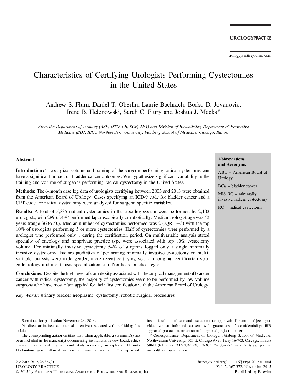 Characteristics of Certifying Urologists Performing Cystectomies in the United States