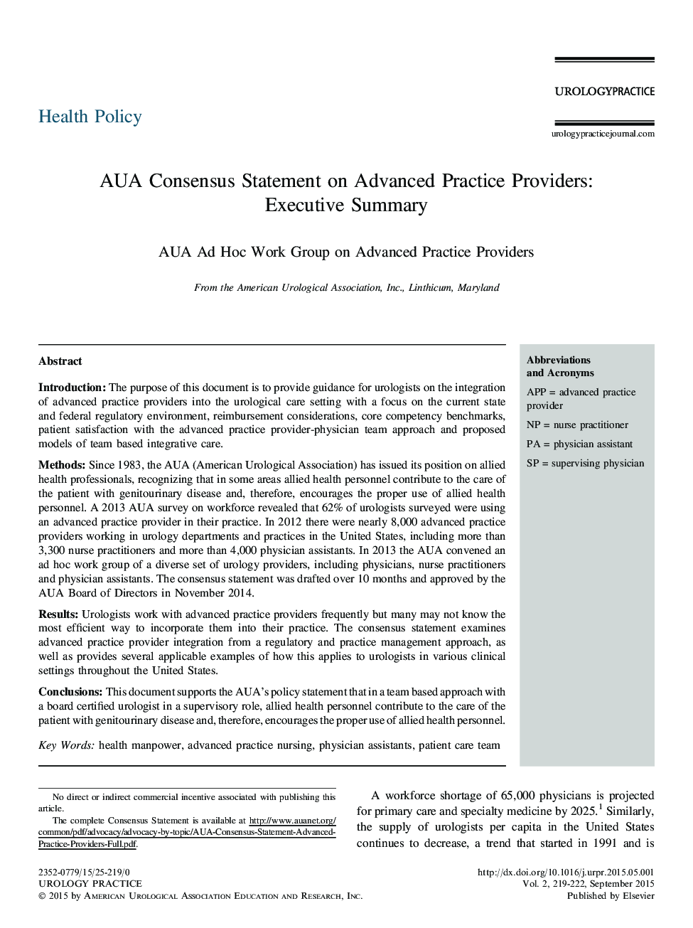 AUA Consensus Statement on Advanced Practice Providers: Executive Summary 