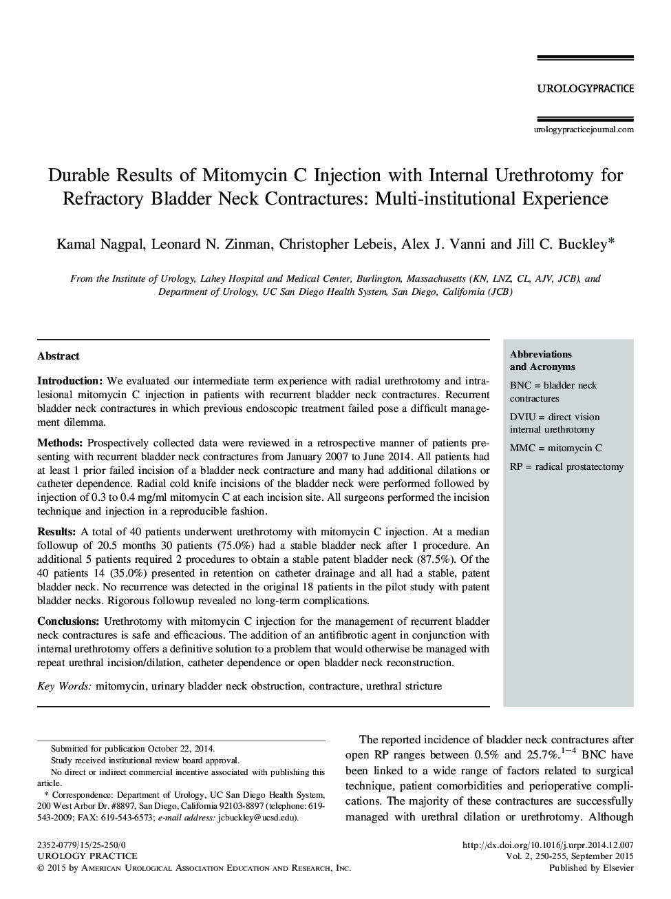 Durable Results of Mitomycin C Injection with Internal Urethrotomy for Refractory Bladder Neck Contractures: Multi-institutional Experience