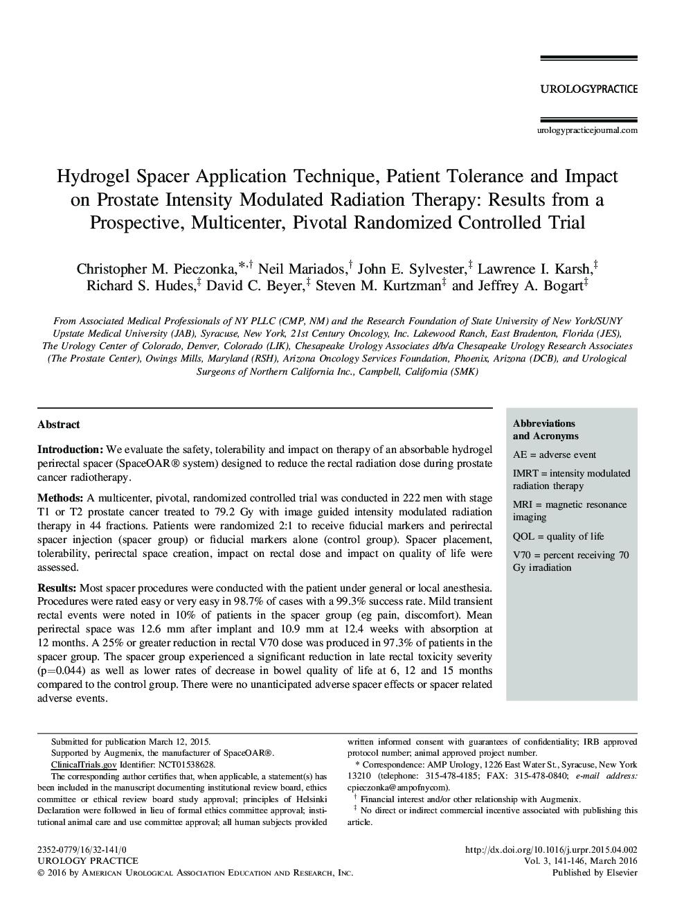 Hydrogel Spacer Application Technique, Patient Tolerance and Impact on Prostate Intensity Modulated Radiation Therapy: Results from a Prospective, Multicenter, Pivotal Randomized Controlled Trial