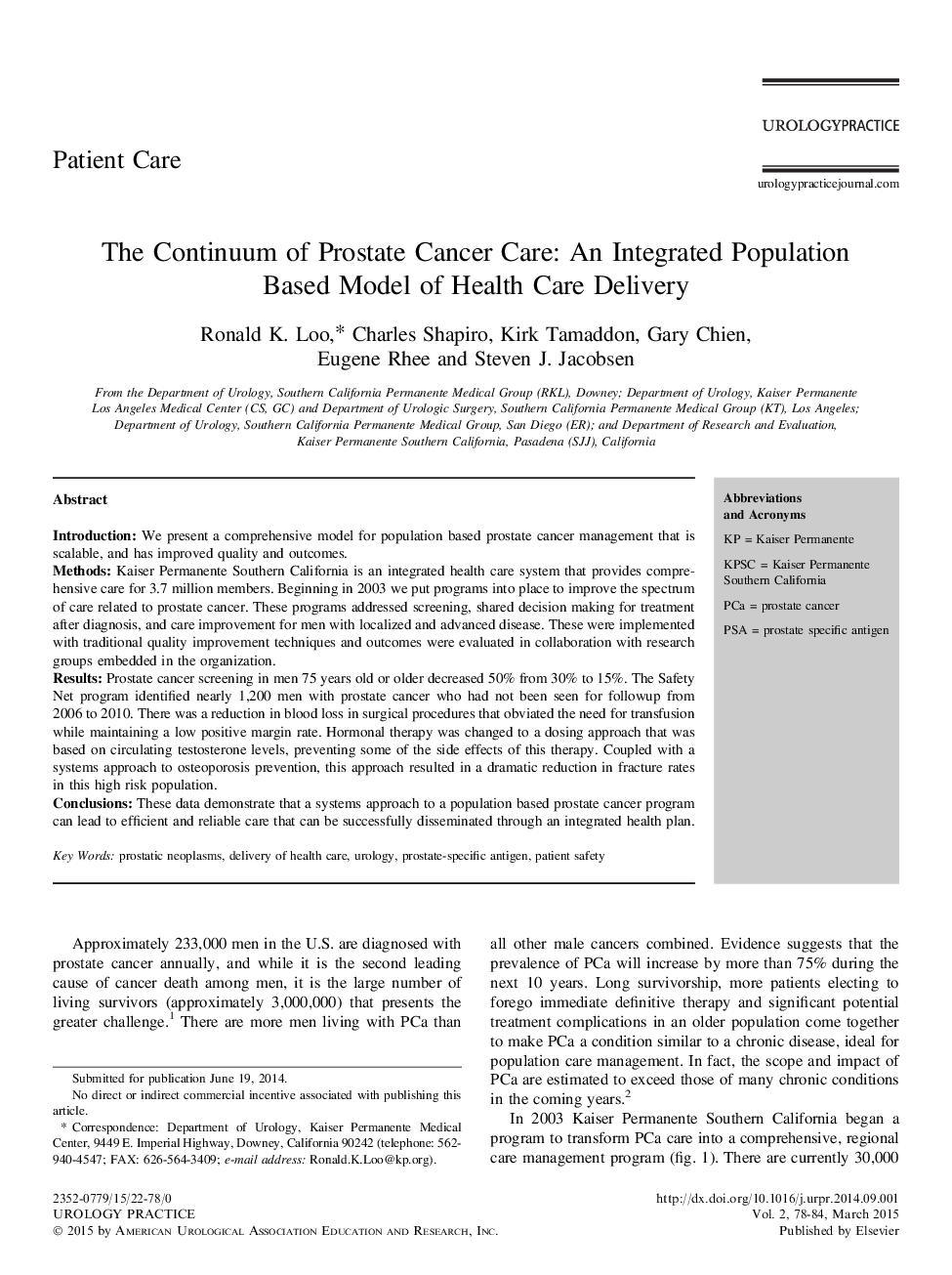 The Continuum of Prostate Cancer Care: An Integrated Population Based Model of Health Care Delivery