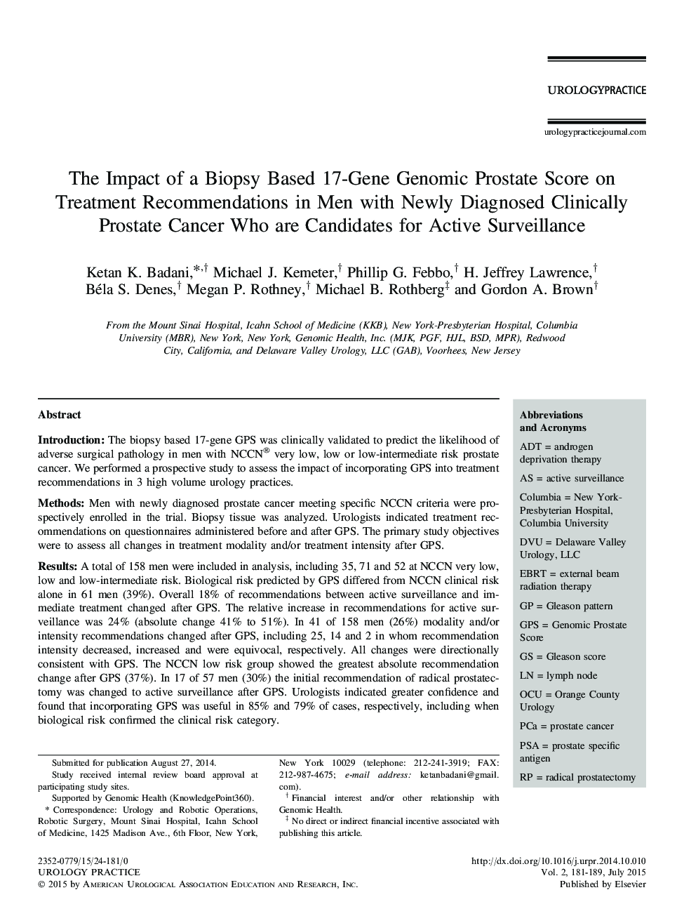 The Impact of a Biopsy Based 17-Gene Genomic Prostate Score on Treatment Recommendations in Men with Newly Diagnosed Clinically Prostate Cancer Who are Candidates for Active Surveillance