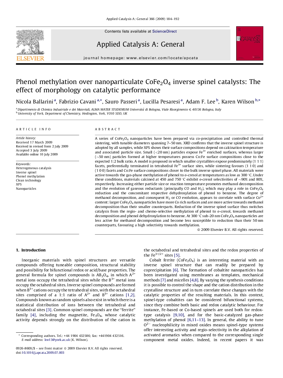 Phenol methylation over nanoparticulate CoFe2O4 inverse spinel catalysts: The effect of morphology on catalytic performance