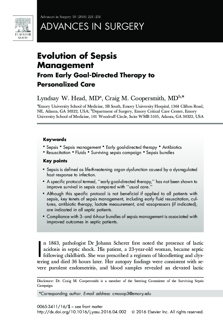 Evolution of Sepsis Management