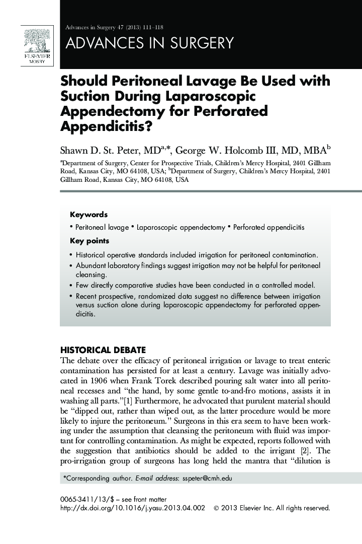 Should Peritoneal Lavage Be Used with Suction During Laparoscopic Appendectomy for Perforated Appendicitis?