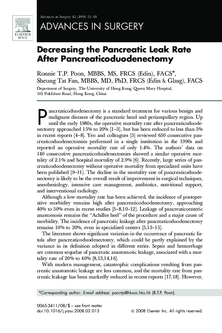 Decreasing the Pancreatic Leak Rate After Pancreaticoduodenectomy