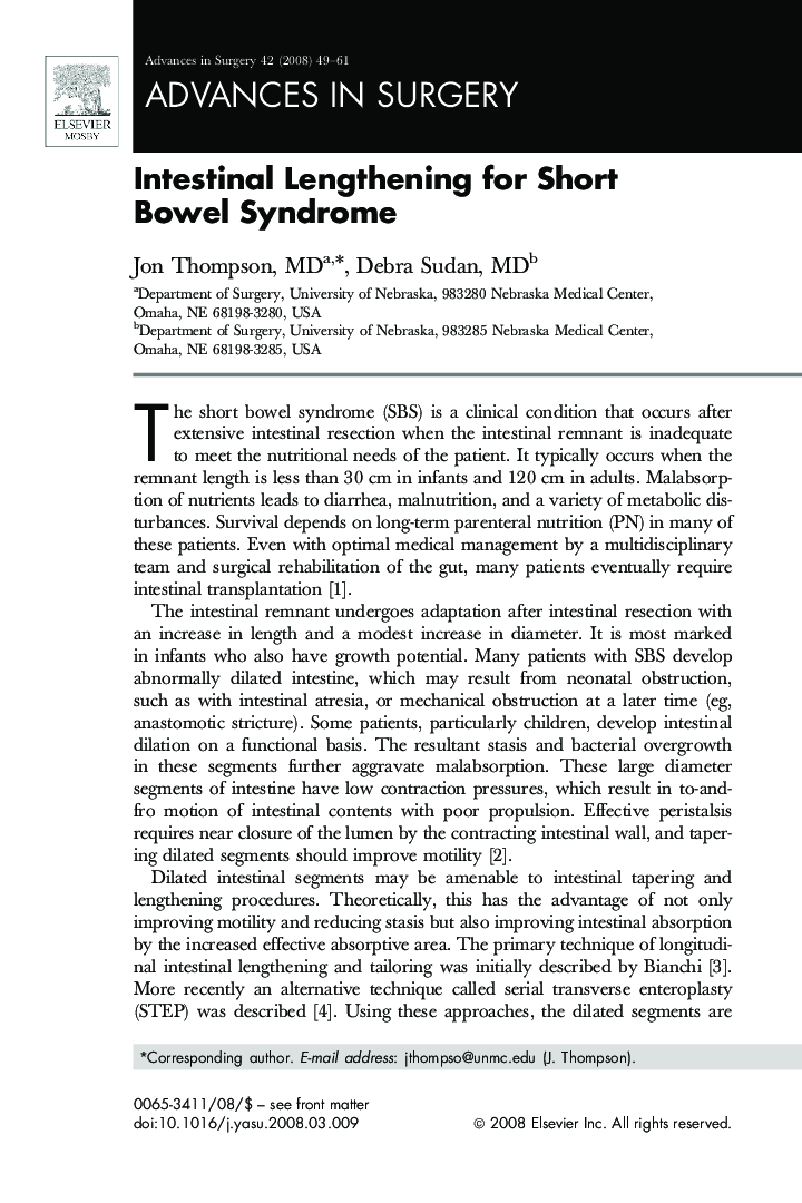 عکس صفحه اول مقاله: Intestinal Lengthening for Short Bowel Syndrome Intestinal Lengthening for Short Bowel Syndrome