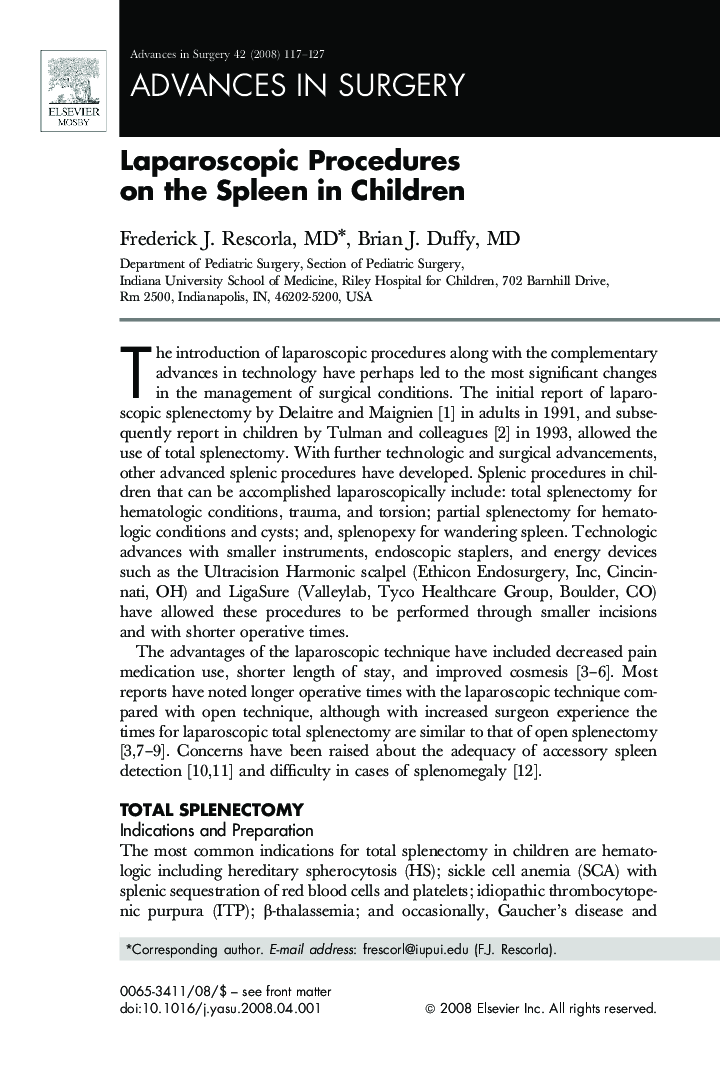 Laparoscopic Procedures on the Spleen in Children