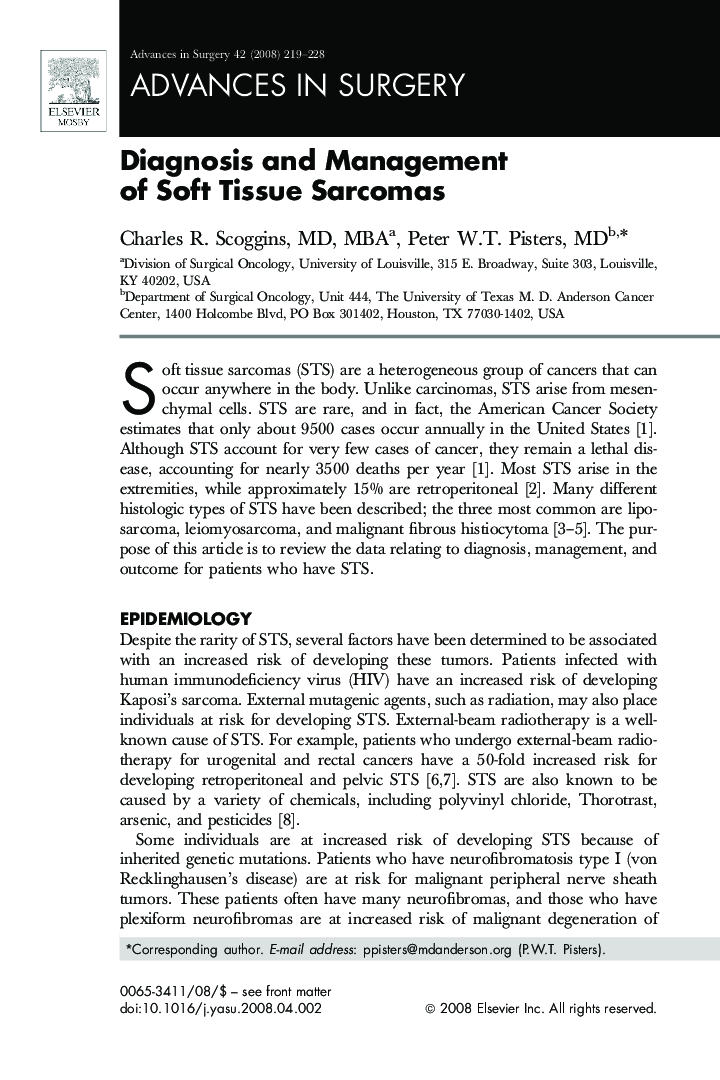 Diagnosis and Management of Soft Tissue Sarcomas