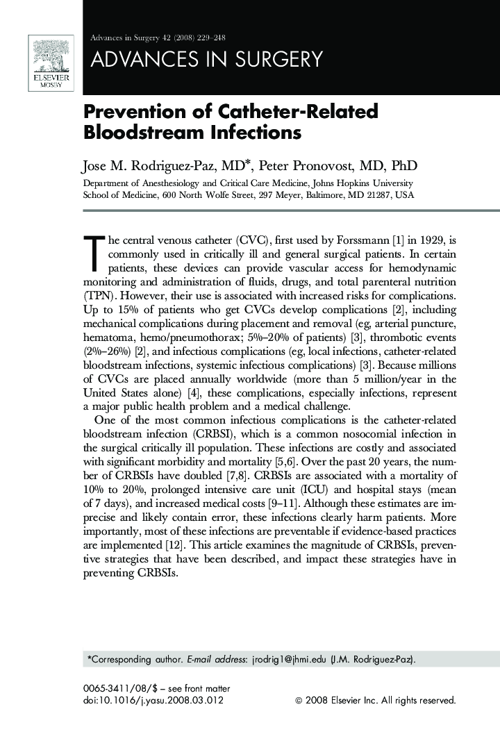 Prevention of Catheter-Related Bloodstream Infections