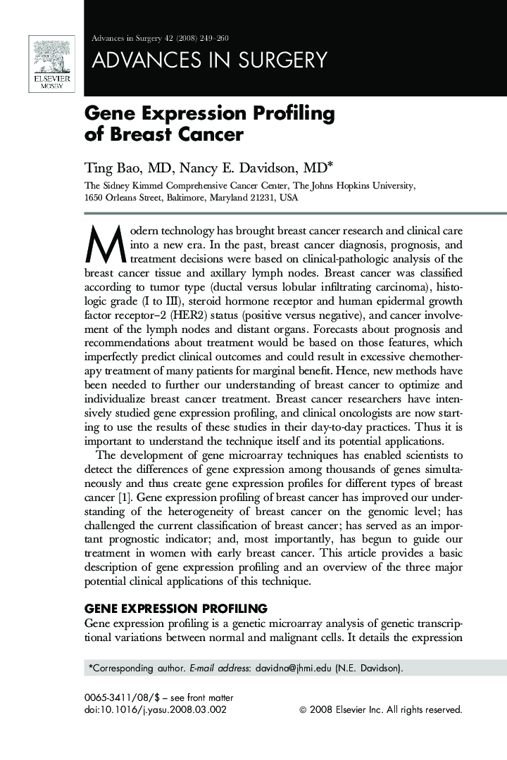 عکس صفحه اول مقاله: Gene Expression Profiling of Breast Cancer Gene Expression Profiling of Breast Cancer