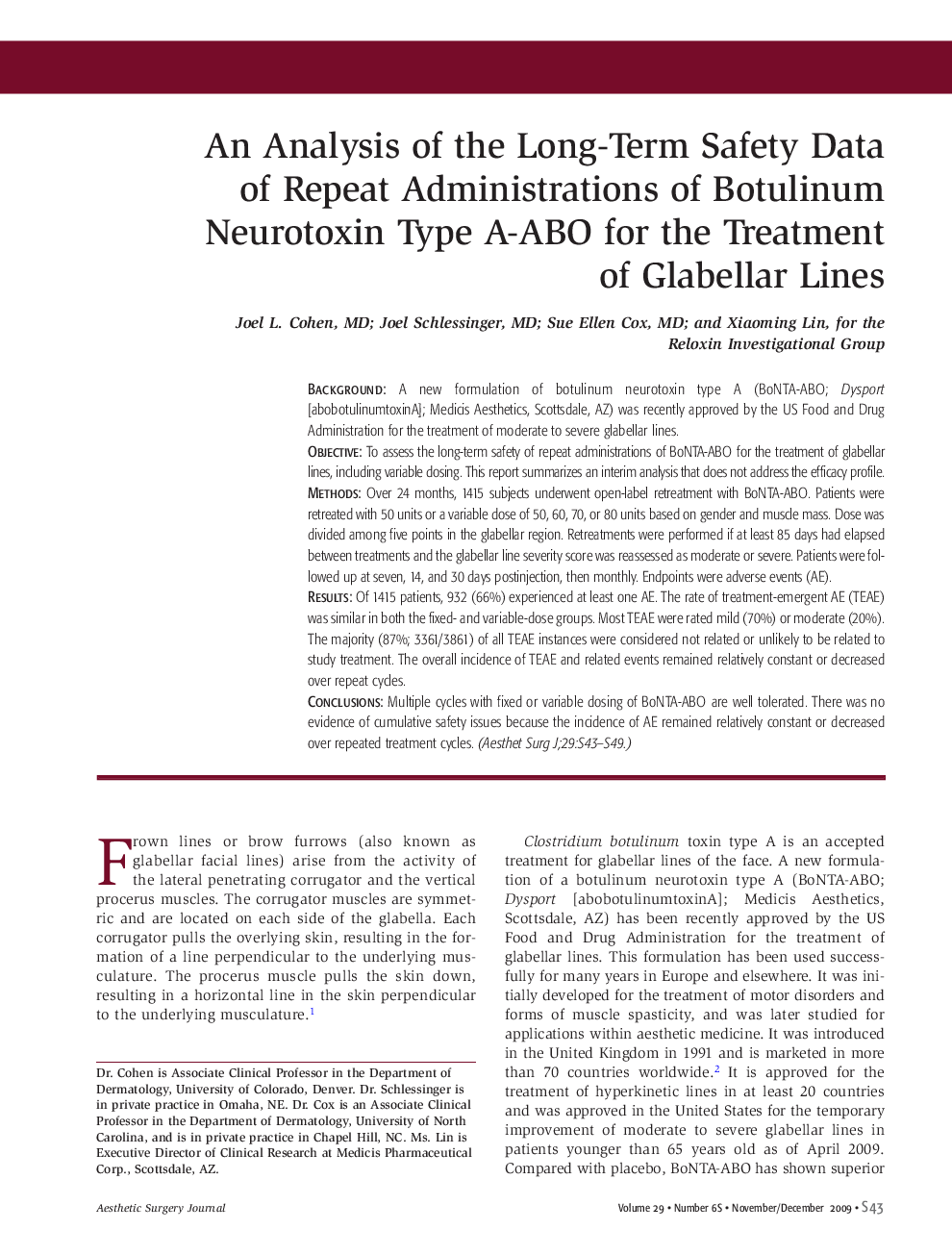 An Analysis of the Long-Term Safety Data of Repeat Administrations of Botulinum Neurotoxin Type A-ABO for the Treatment of Glabellar Lines