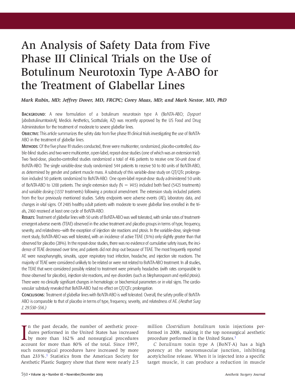 An Analysis of Safety Data from Five Phase III Clinical Trials on the Use of Botulinum Neurotoxin Type A-ABO for the Treatment of Glabellar Lines