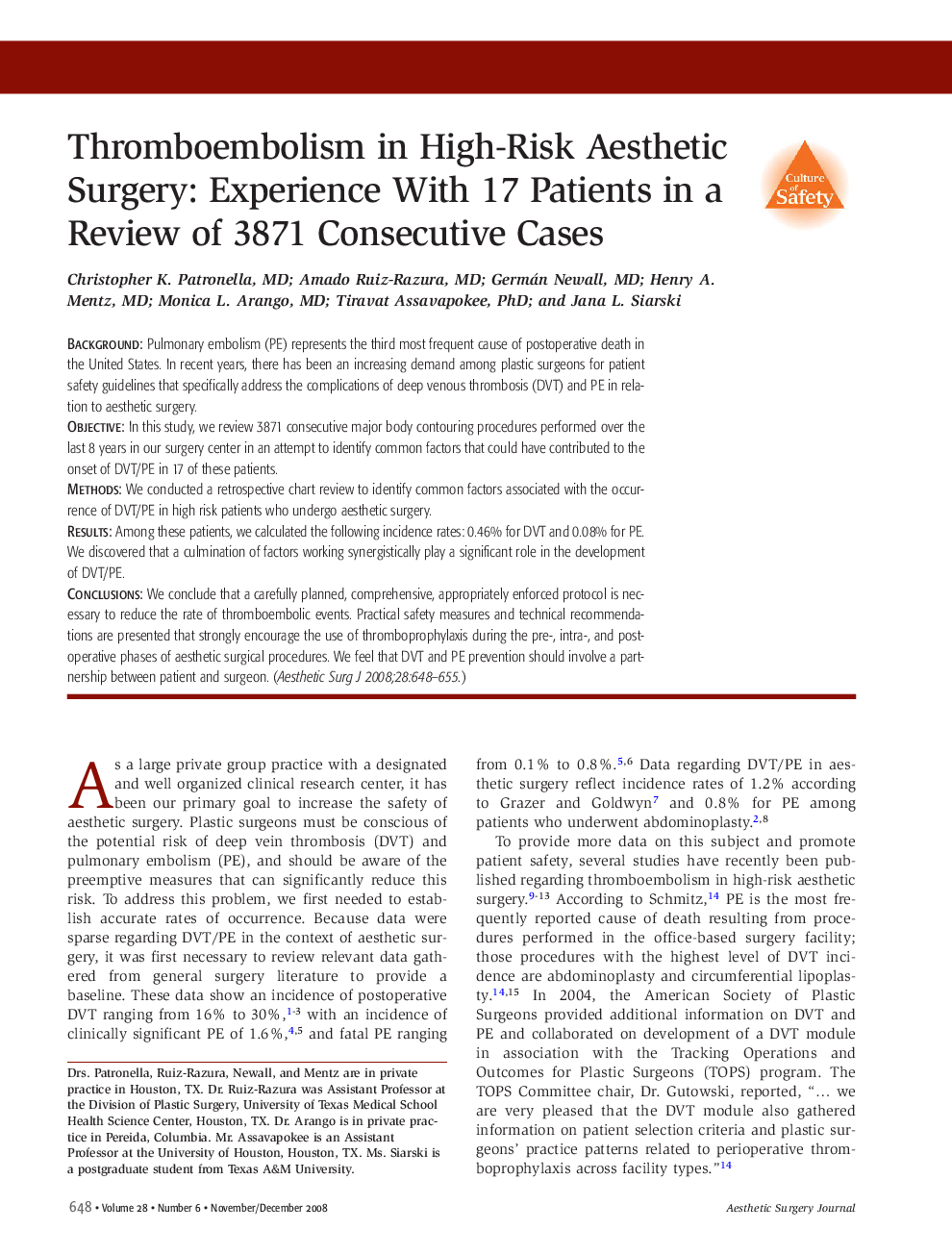 Thromboembolism in High-Risk Aesthetic Surgery: Experience With 17 Patients in a Review of 3871 Consecutive Cases