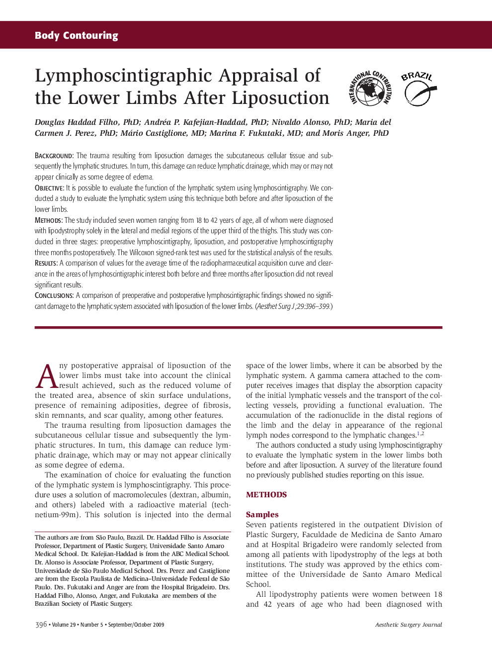 Lymphoscintigraphic Appraisal of the Lower Limbs After Liposuction