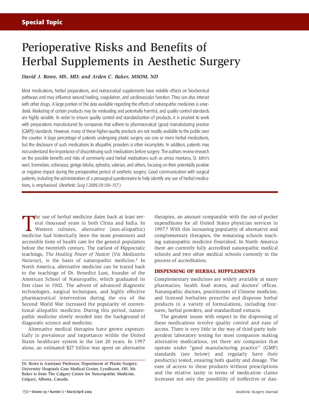 Perioperative Risks and Benefits of Herbal Supplements in Aesthetic Surgery