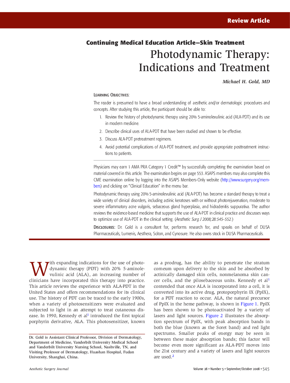 Continuing Medical Education Article-Skin Treatment: Photodynamic Therapy: Indications and Treatment