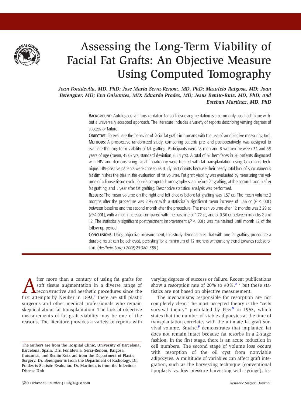Assessing the Long-Term Viability of Facial Fat Grafts: An Objective Measure Using Computed Tomography