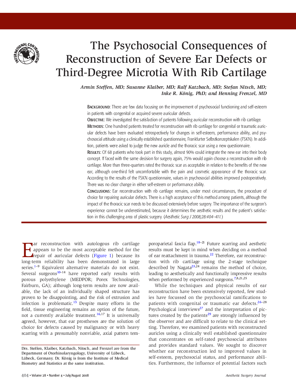 The Psychosocial Consequences of Reconstruction of Severe Ear Defects or Third-Degree Microtia With Rib Cartilage