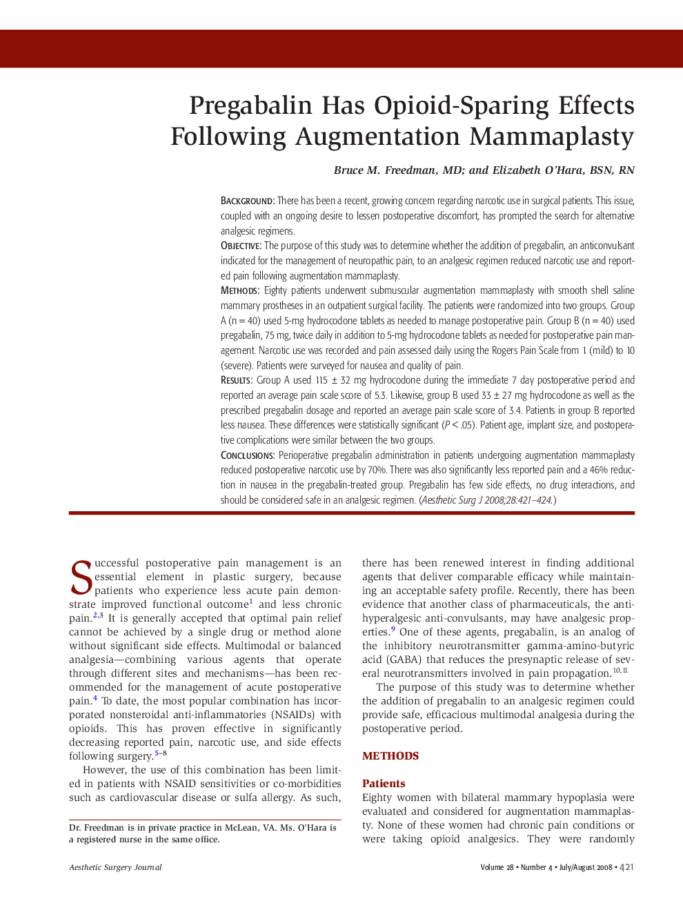 عکس صفحه اول مقاله: Pregabalin Has Opioid-Sparing Effects Following Augmentation Mammaplasty Pregabalin Has Opioid-Sparing Effects Following Augmentation Mammaplasty