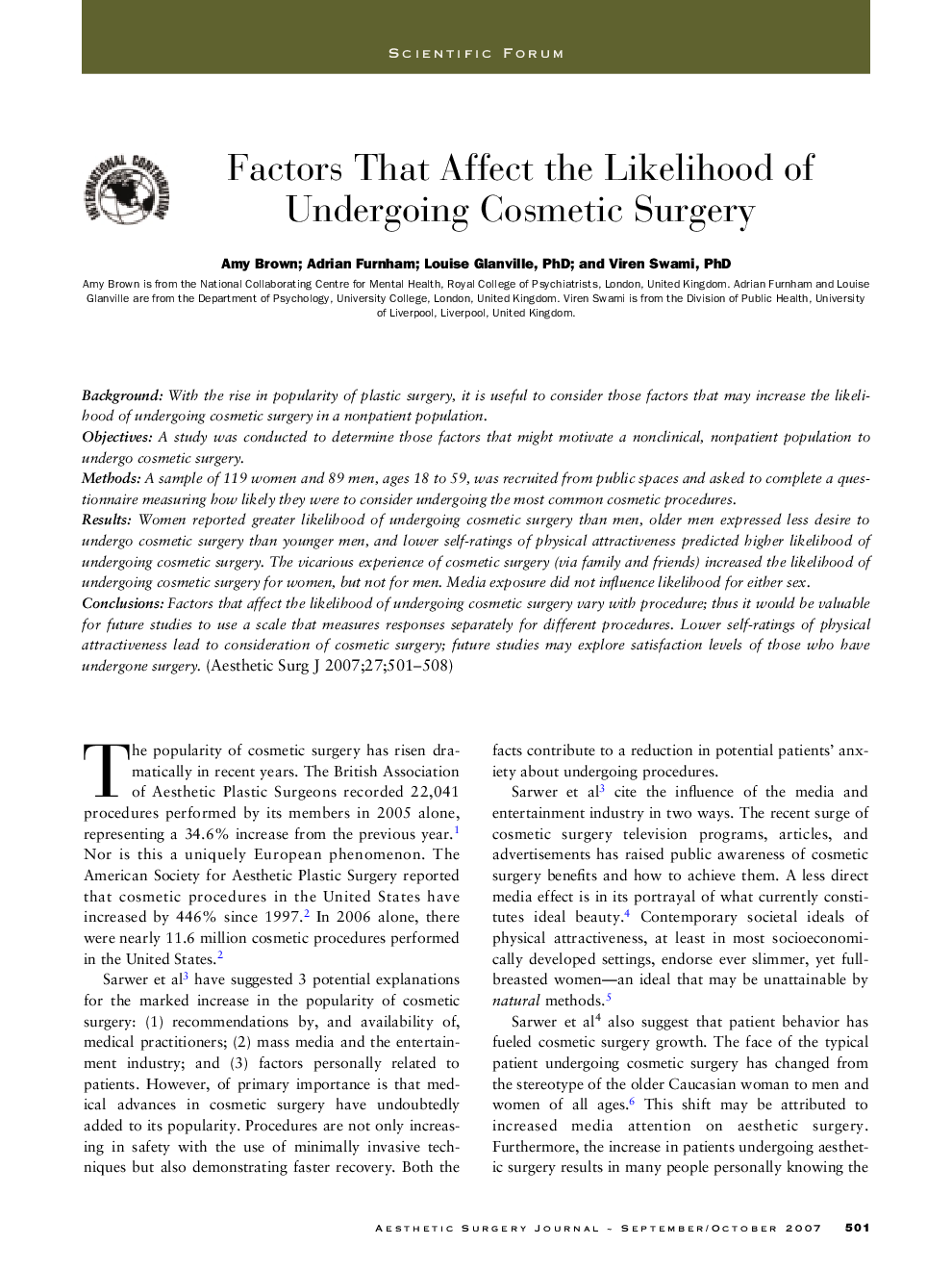 Factors that affect the likelihood of undergoing cosmetic surgery