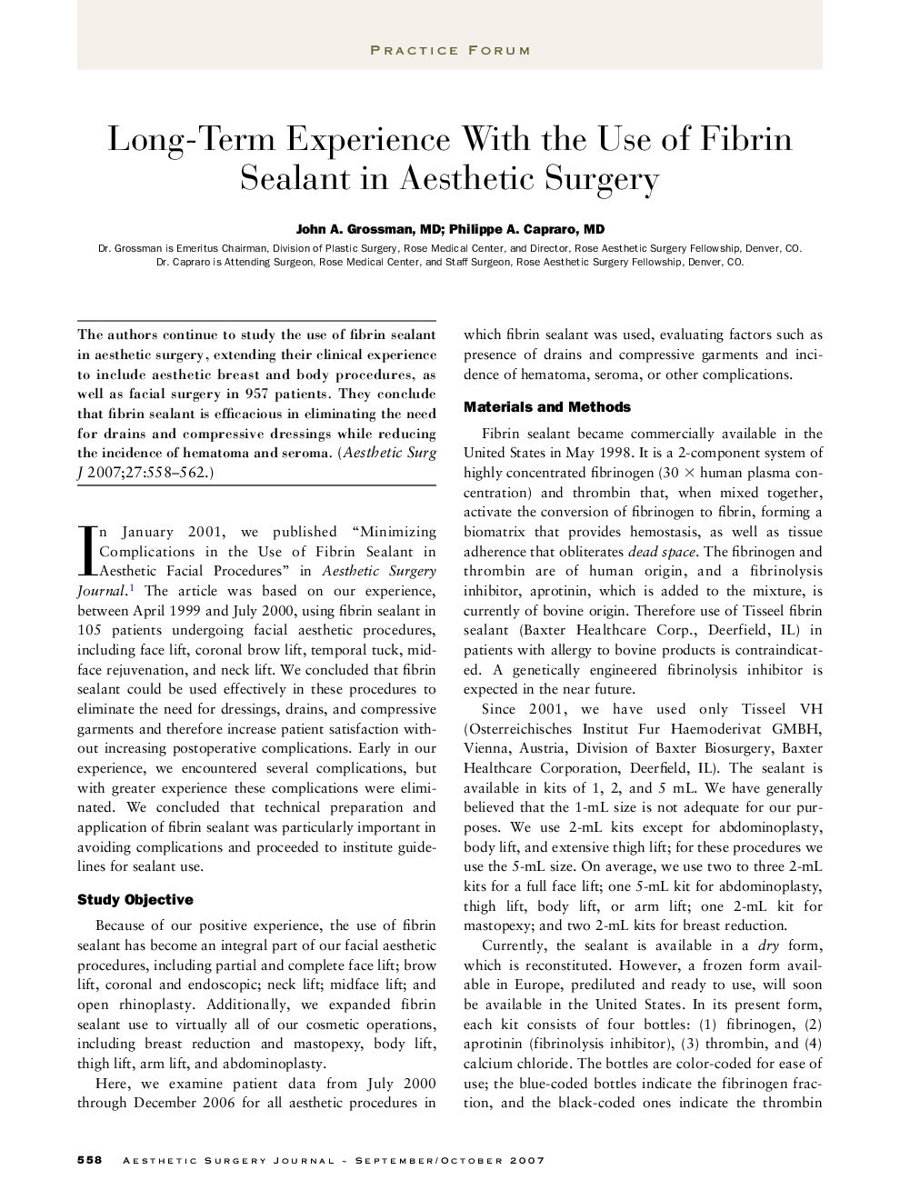 Long-term experience with the use of fibrin sealant in aesthetic surgery