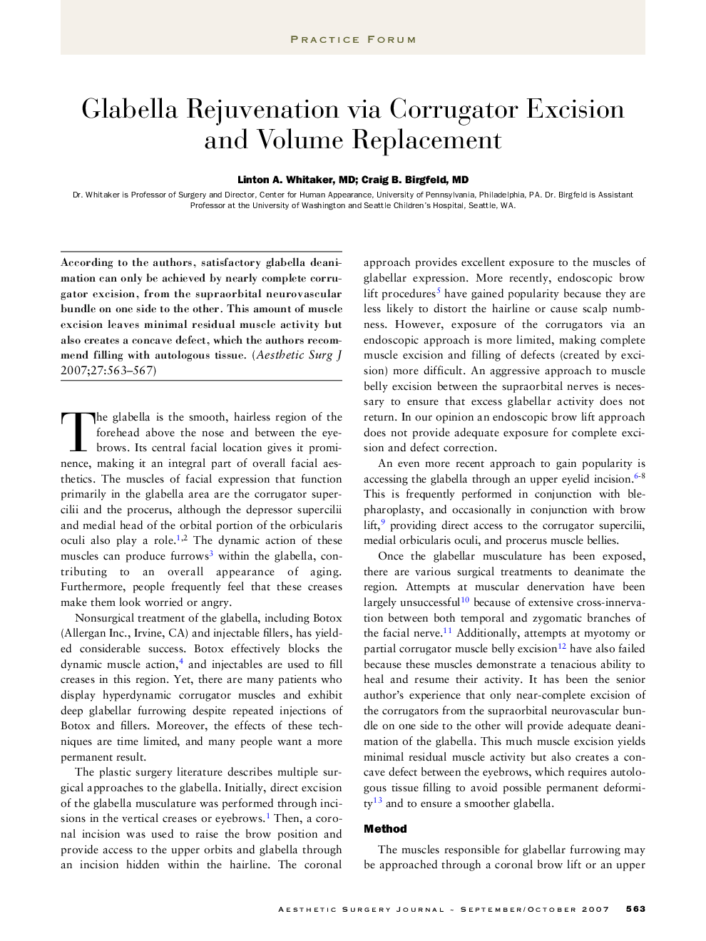 Glabella rejuvenation via corrugator excision and volume replacement