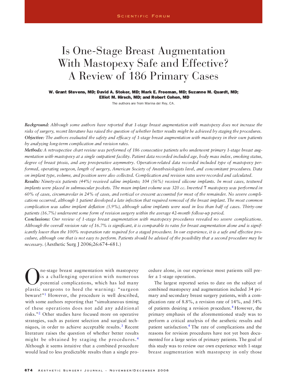 Is one-stage breast augmentation with mastopexy safe and effective? a review of 186 primary cases
