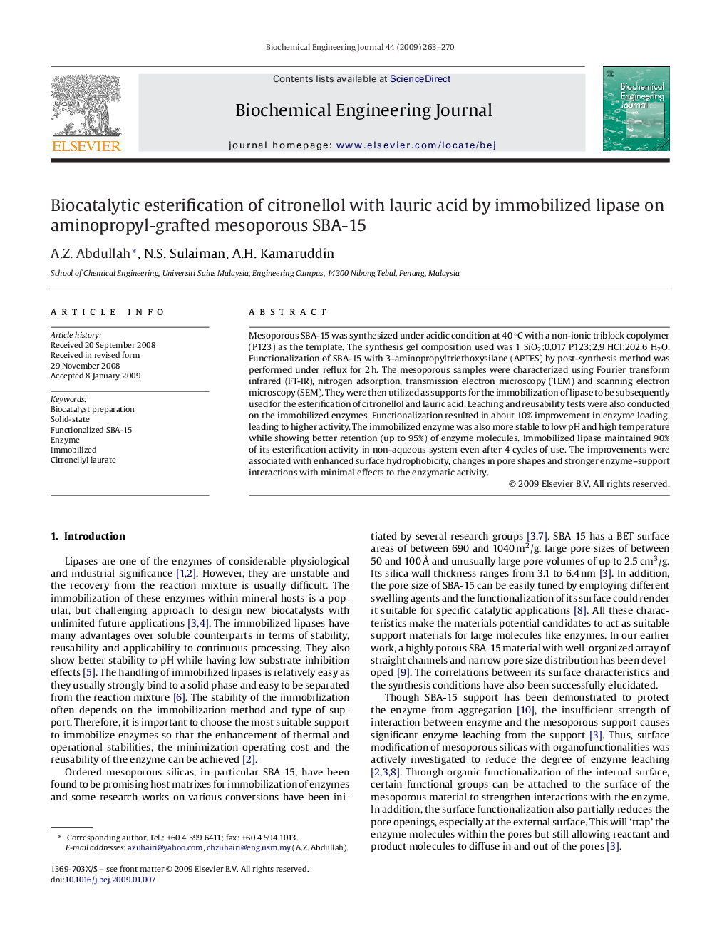 Biocatalytic esterification of citronellol with lauric acid by immobilized lipase on aminopropyl-grafted mesoporous SBA-15