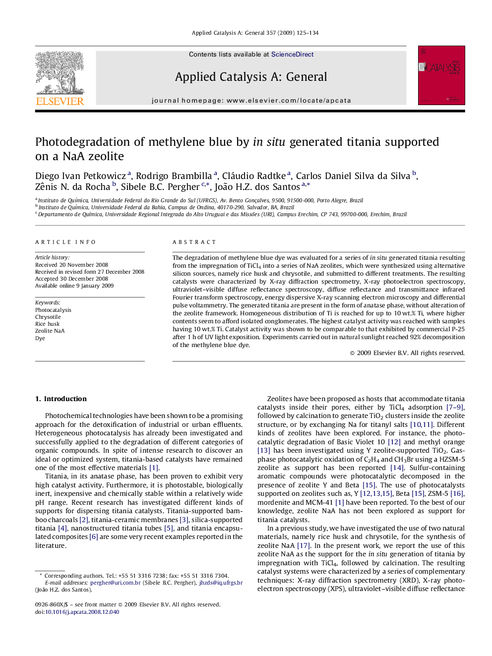 Photodegradation of methylene blue by in situ generated titania supported on a NaA zeolite