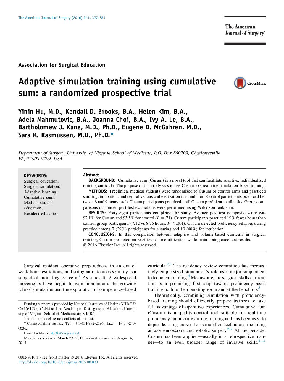 Adaptive simulation training using cumulative sum: a randomized prospective trial 