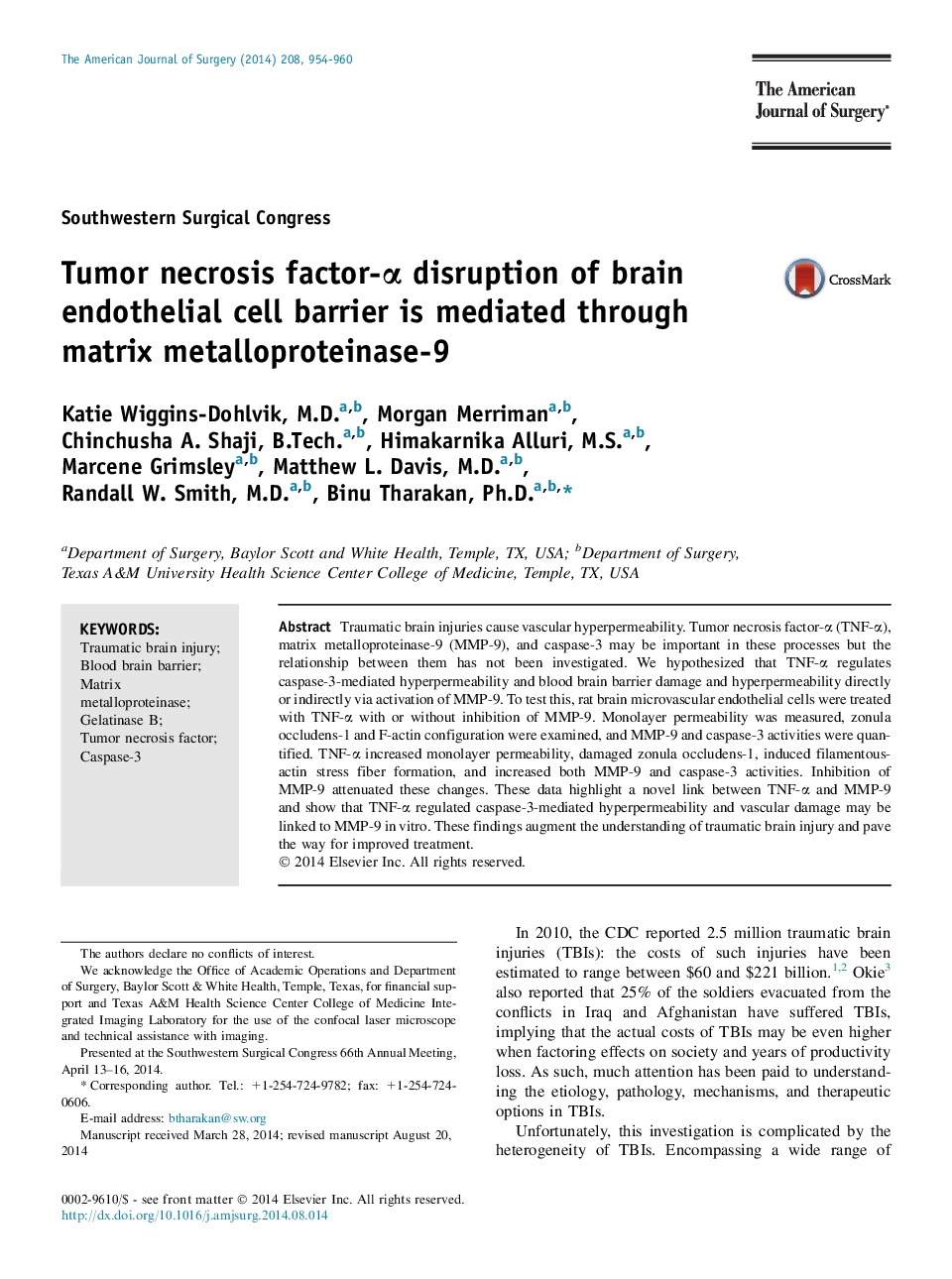 Tumor necrosis factor-α disruption of brain endothelial cell barrier is mediated through matrix metalloproteinase-9 