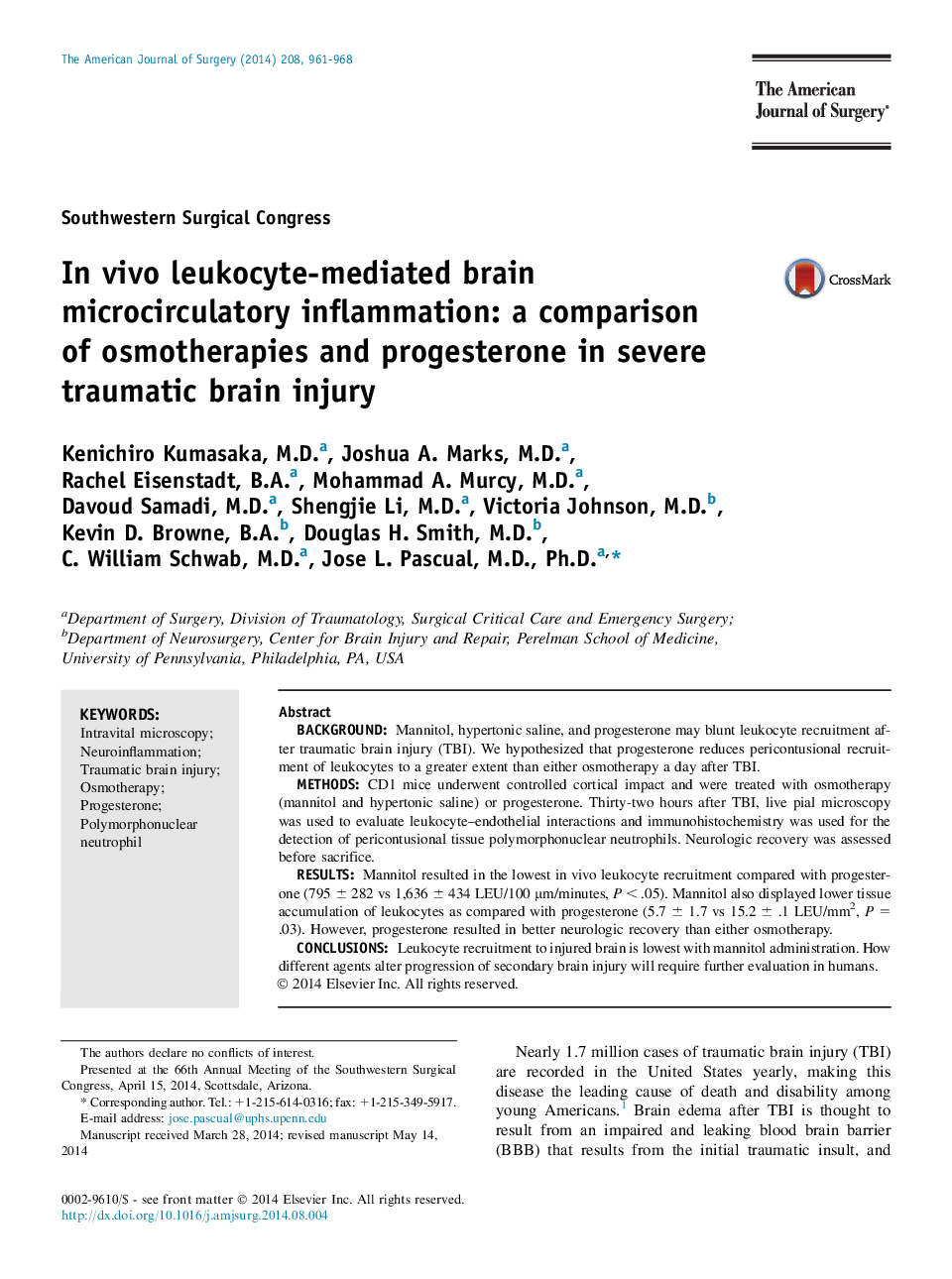 In vivo leukocyte-mediated brain microcirculatory inflammation: a comparison of osmotherapies and progesterone in severe traumatic brain injury 