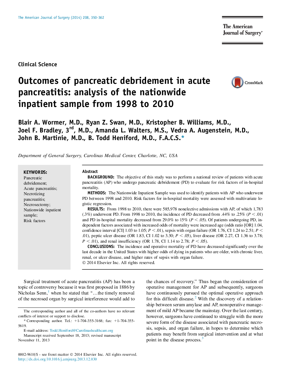 Outcomes of pancreatic debridement in acute pancreatitis: analysis of the nationwide inpatient sample from 1998 to 2010 