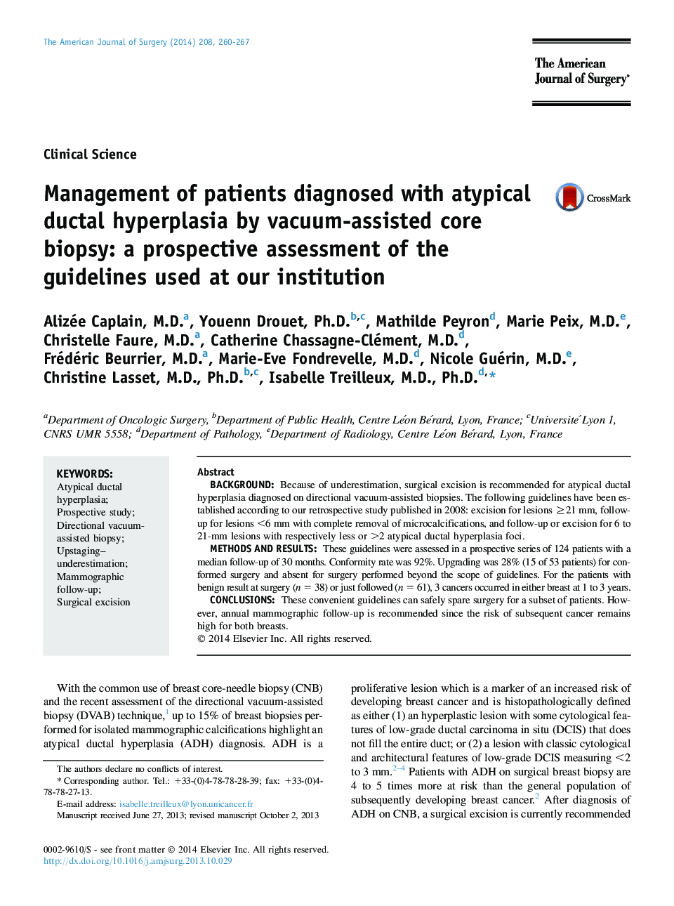 Management of patients diagnosed with atypical ductal hyperplasia by vacuum-assisted core biopsy: a prospective assessment of the guidelines used at our institution 
