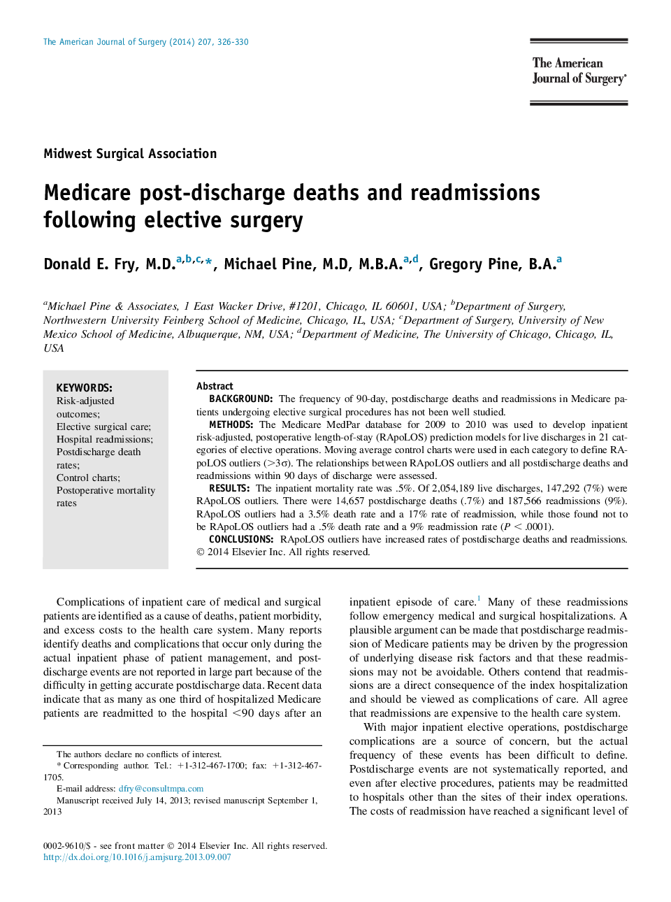 Medicare post-discharge deaths and readmissions following elective surgery 