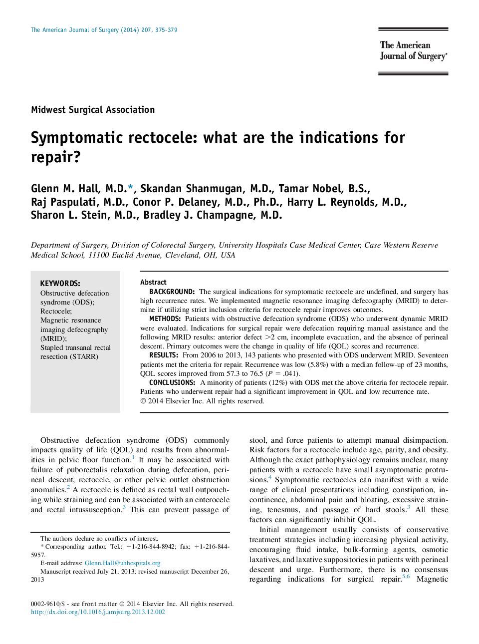 Symptomatic rectocele: what are the indications for repair? 