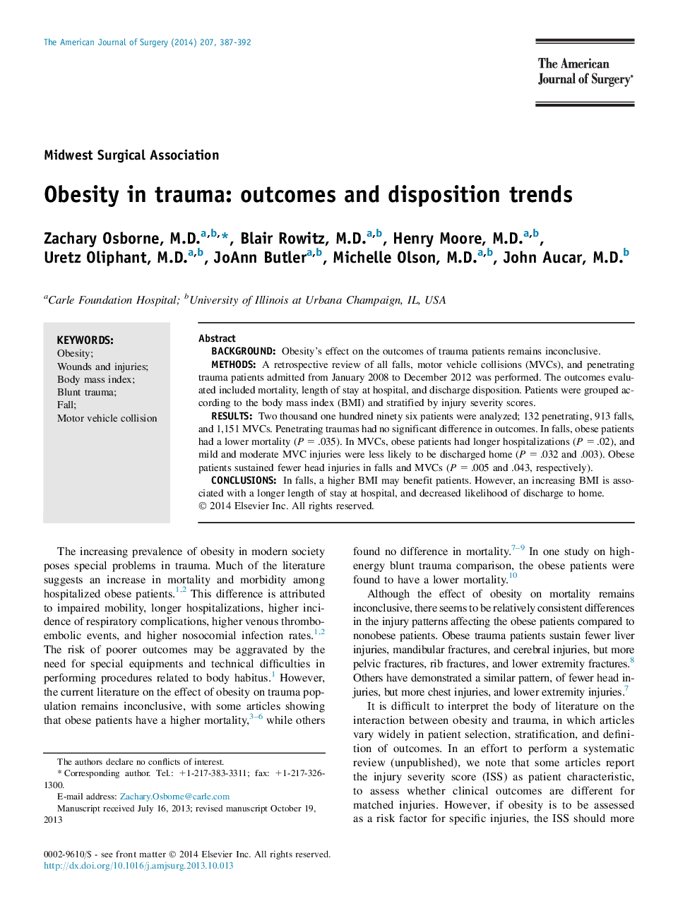 Obesity in trauma: outcomes and disposition trends 