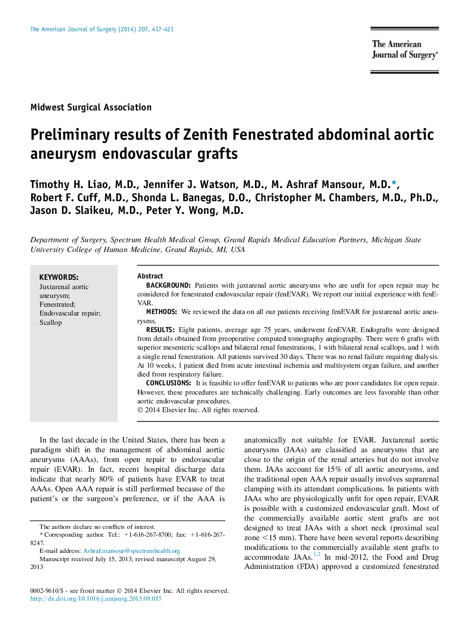 Preliminary results of Zenith Fenestrated abdominal aortic aneurysm endovascular grafts 