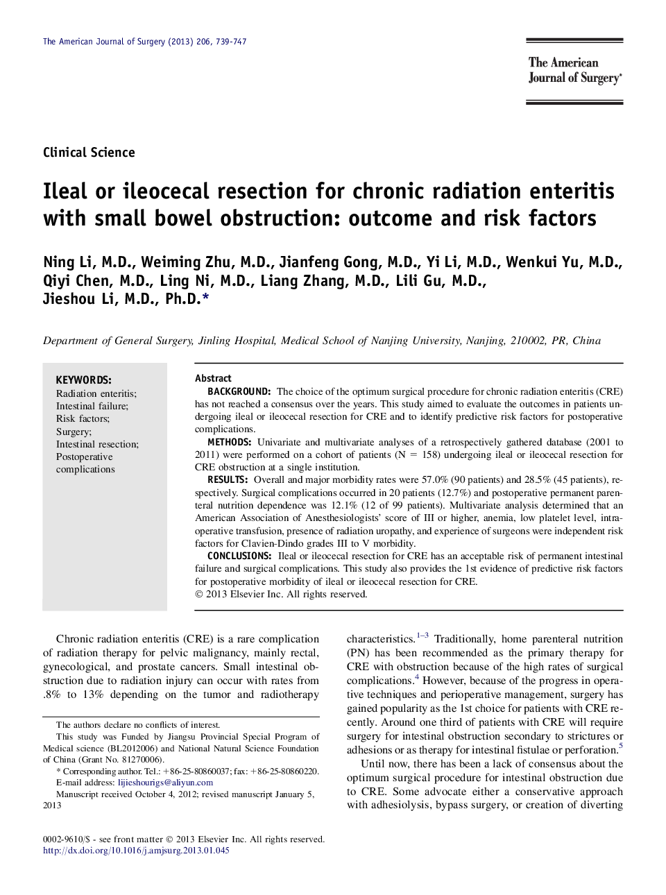 Ileal or ileocecal resection for chronic radiation enteritis with small bowel obstruction: outcome and risk factors 