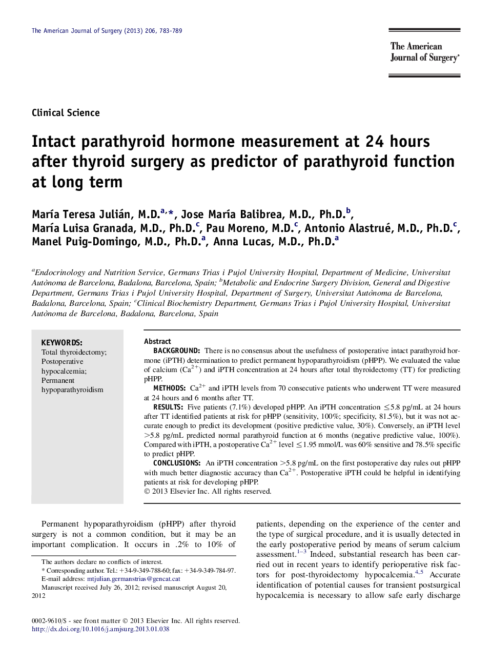 Intact parathyroid hormone measurement at 24 hours after thyroid surgery as predictor of parathyroid function at long term 