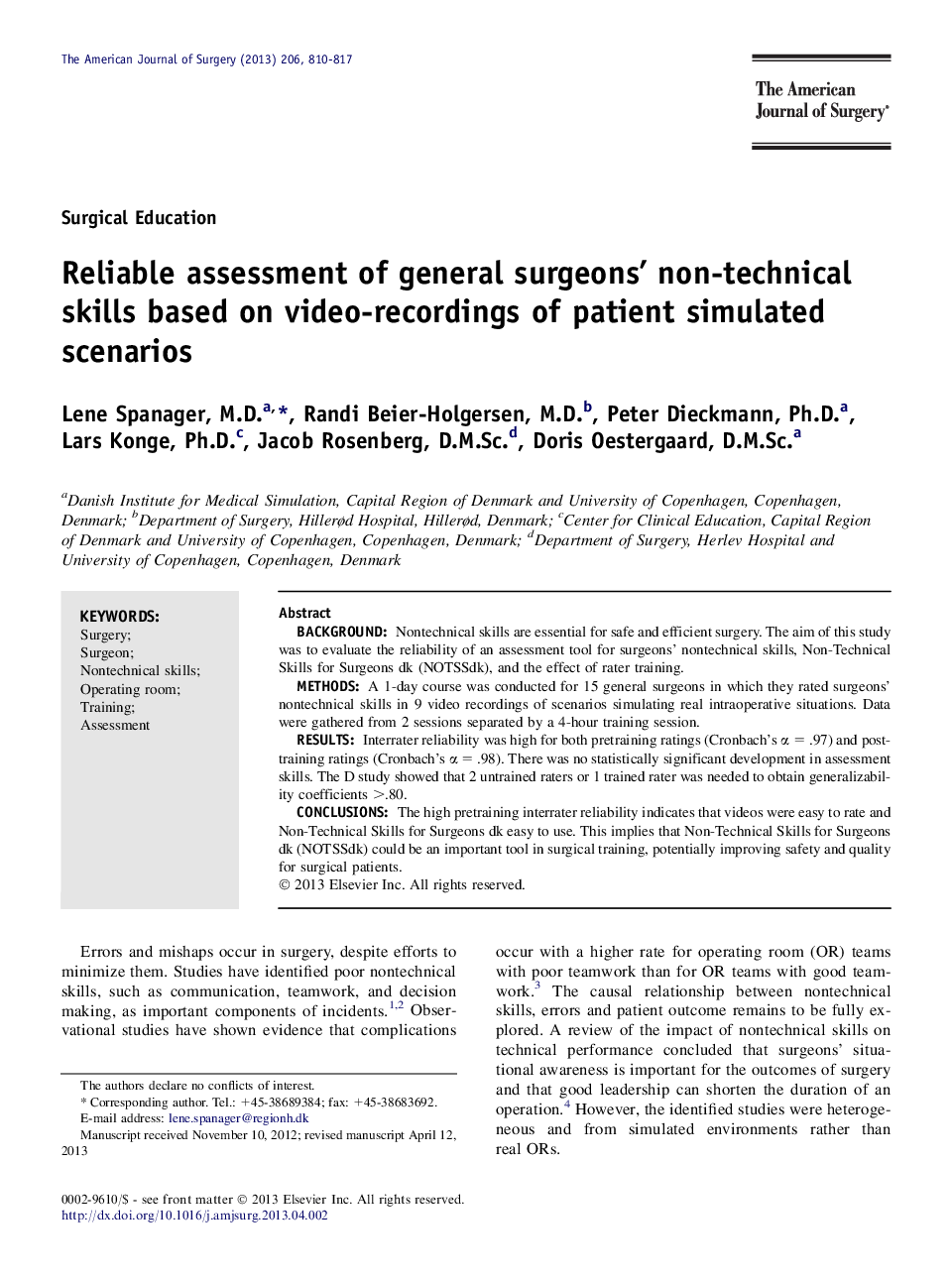 Reliable assessment of general surgeons' non-technical skills based on video-recordings of patient simulated scenarios 