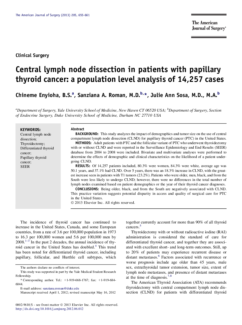 Central lymph node dissection in patients with papillary thyroid cancer: a population level analysis of 14,257 cases 