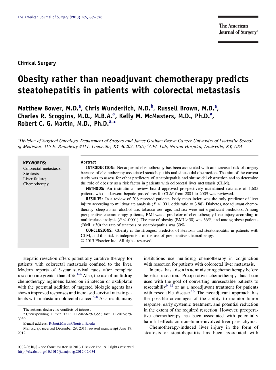 Obesity rather than neoadjuvant chemotherapy predicts steatohepatitis in patients with colorectal metastasis 