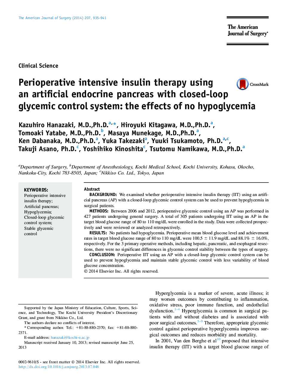 Perioperative intensive insulin therapy using an artificial endocrine pancreas with closed-loop glycemic control system: the effects of no hypoglycemia 