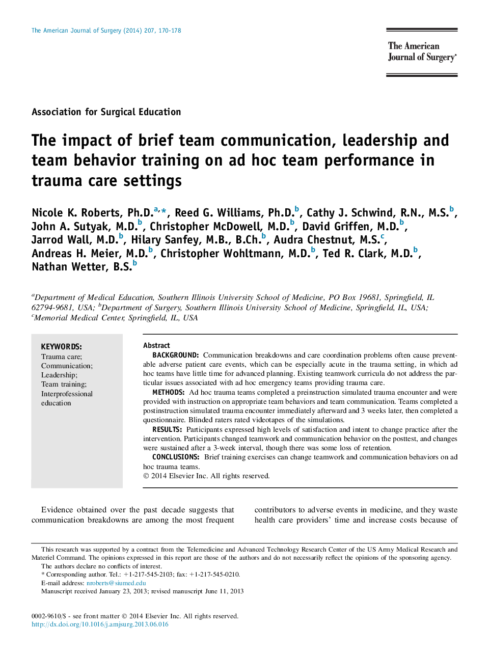 The impact of brief team communication, leadership and team behavior training on ad hoc team performance in trauma care settings 